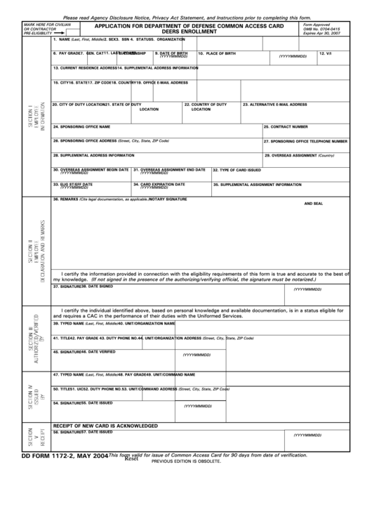 Fillable Dd Form 1172 2 Application For Department Of Defense Common Access Card Deers