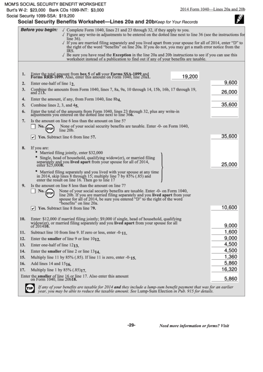 Fillable Form 1040 Social Security Benefits Worksheet 1040 Form Printable