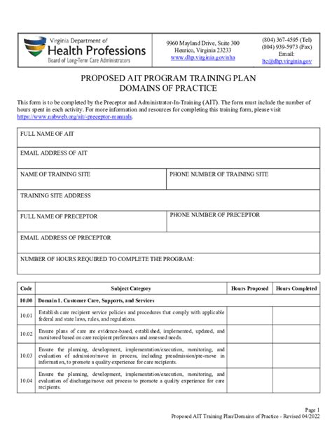 Fillable Online Proposed Ait Program Training Plan Domains Of