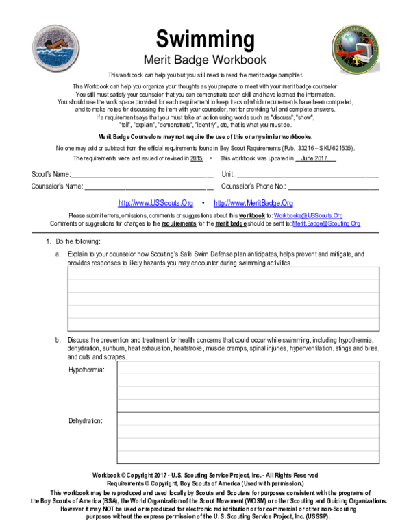 Fillable Online Swimming Merit Badge Worksheet 2020 Fax Email Print