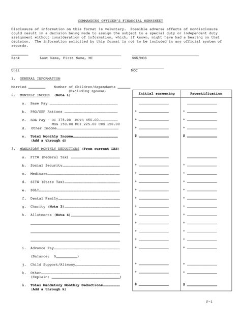 Financial Worksheet Template Usmc Commanding Officer S Financial