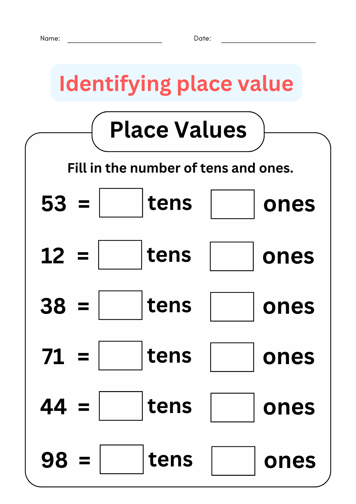 First Grade Tens And Ones Worksheets