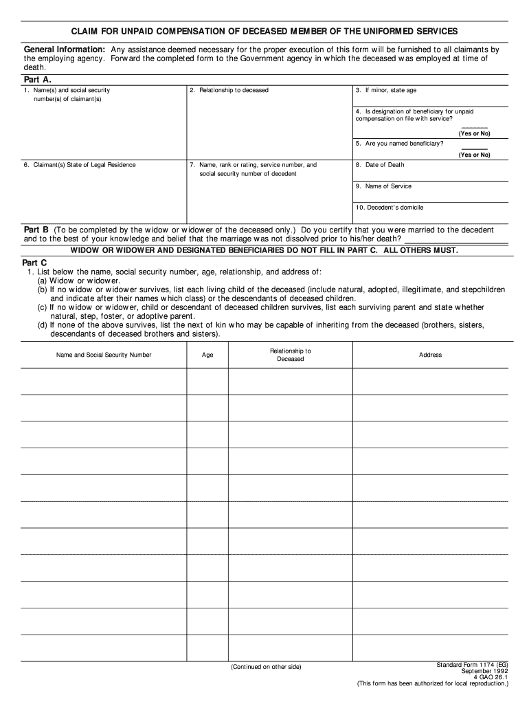 Form 1174 Death Arrears Claim