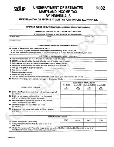 Form 502Up Underpayment Of Estimated Maryland Income Tax By Individuals 2002 Printable Pdf