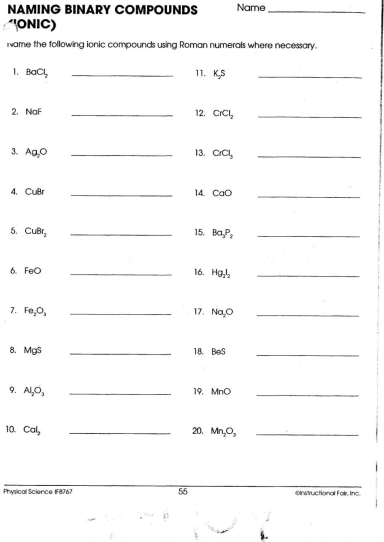 Ionic Transition Metals Nomenclature Worksheet Formulas