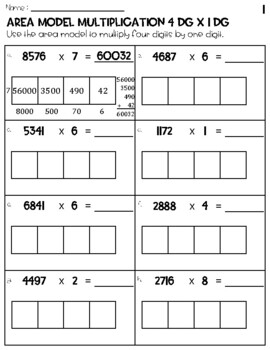 Four Digits By One Digit Area Model Multiplication Worksheets Free