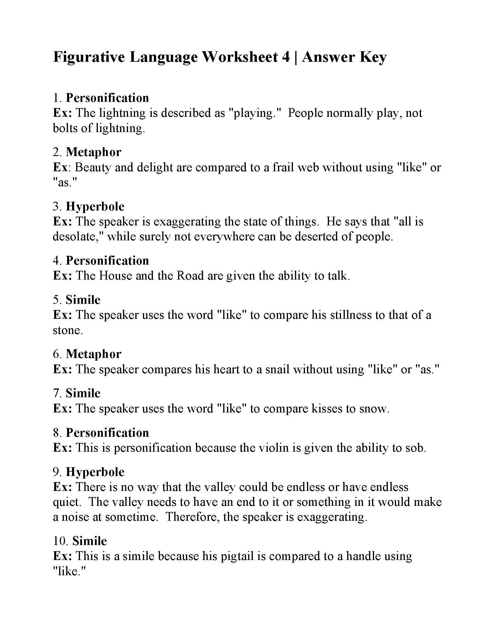 Fourth Grade Figurative Language Worksheets With Answers Pdf