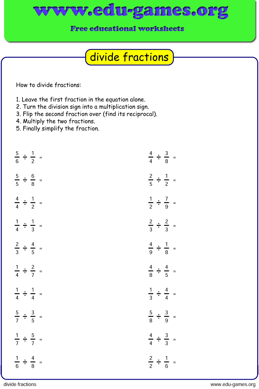 Fraction Division Worksheets Free Divisonworksheets Com