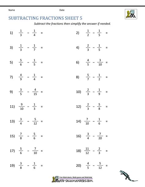 Fraction Subtraction Worksheet With Answer