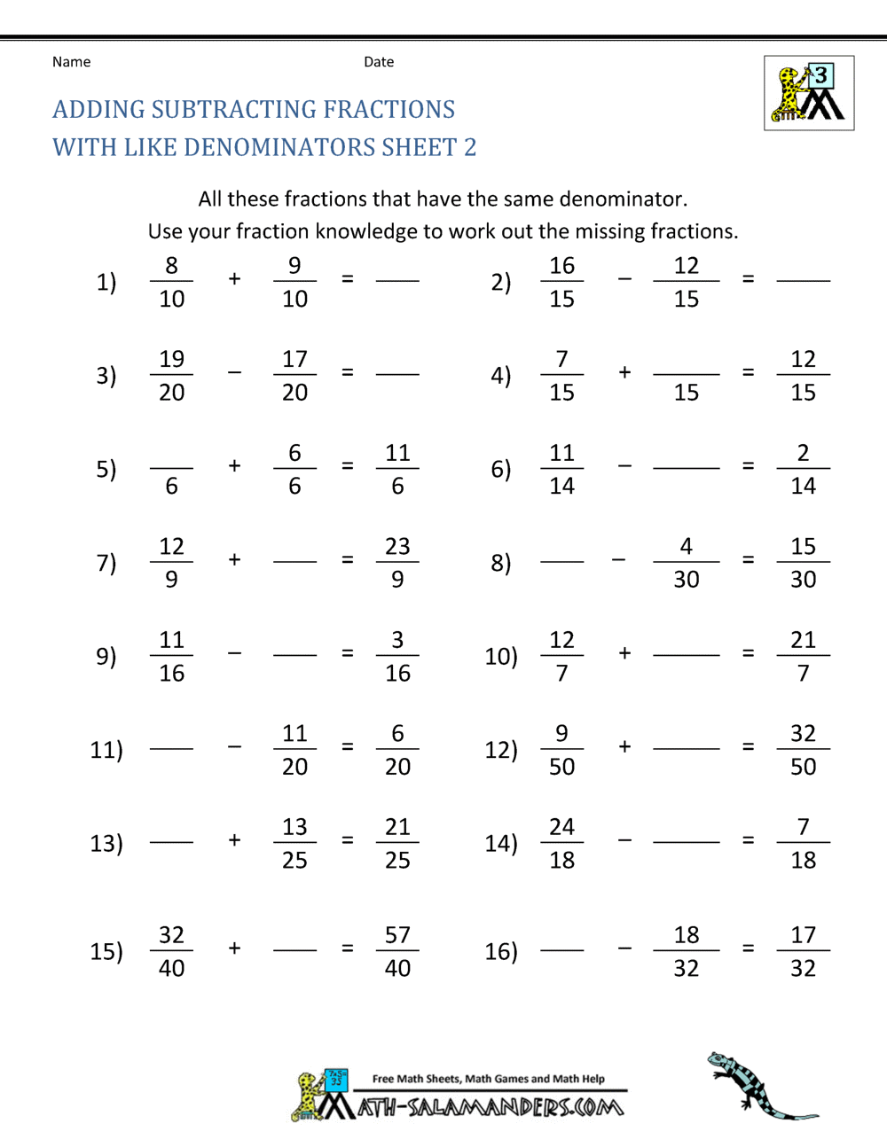 Add and Subtract Fractions: Free Worksheet