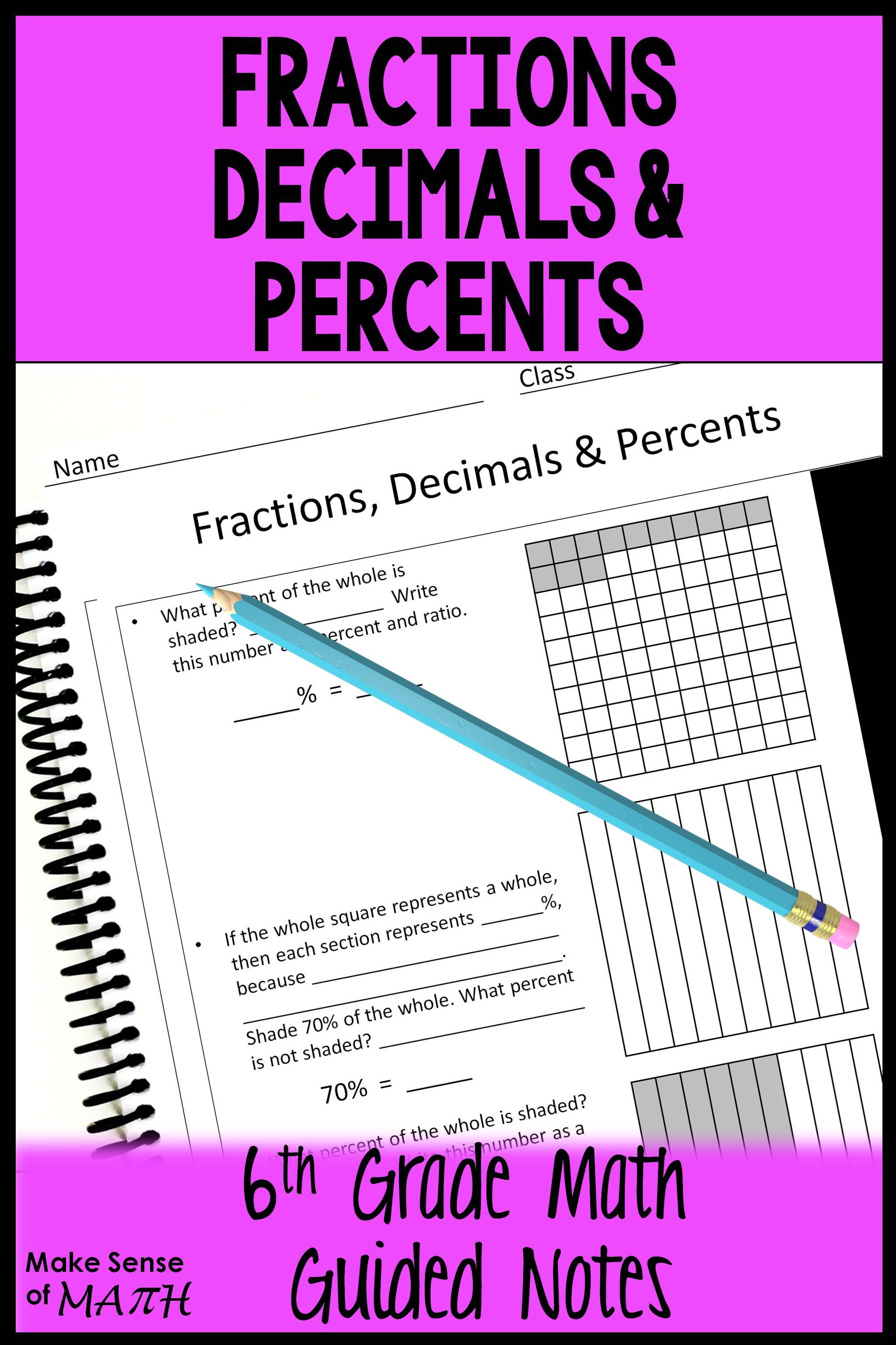 Fractions Decimals Percents Guided Notes Middle School Math Maths