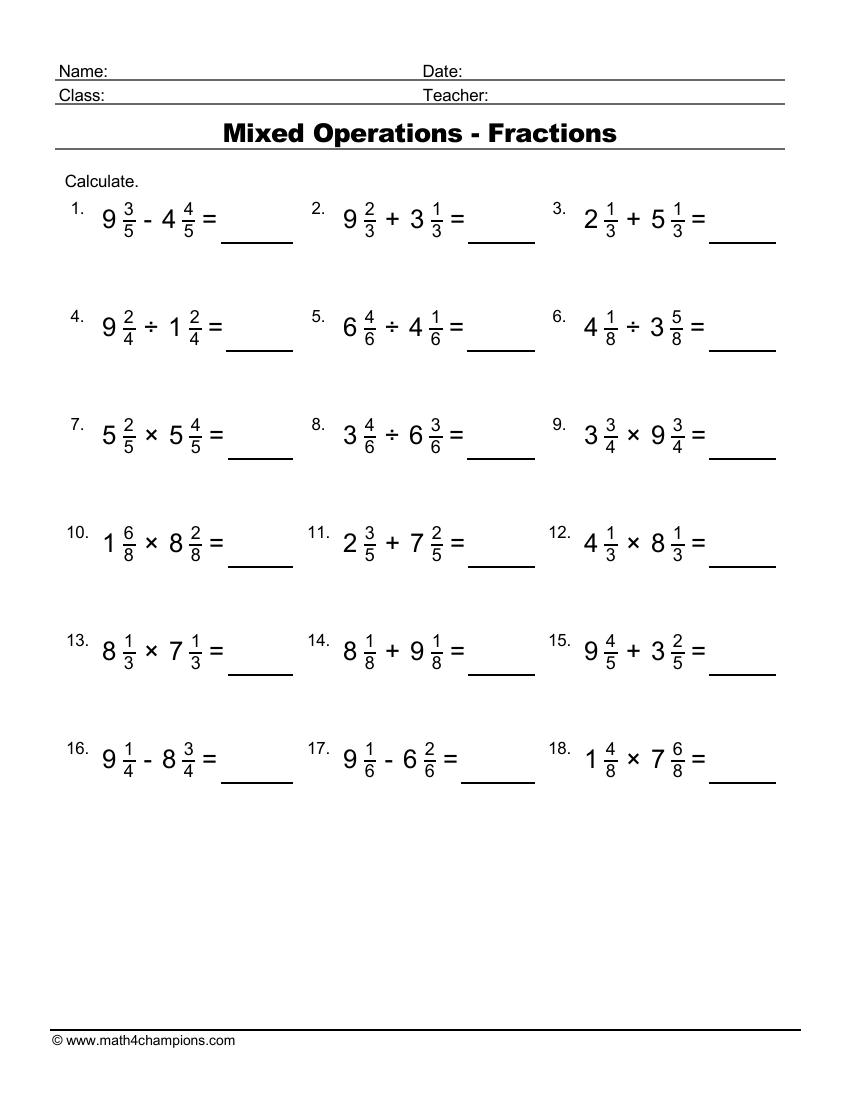 Fractions Mixed Operations Worksheet Mixed Operation Pre Algebra