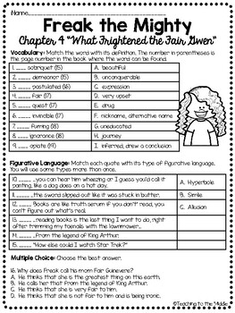 Freak The Mighty Chapter 4 Reading Comprehension Worksheet Tpt