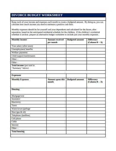 Free 10 Divorce Worksheet Samples In Pdf Ms Word