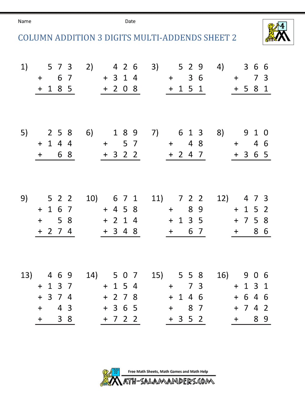 Free 3 Addends Addition Worksheet Addition Worksheets Math Addition