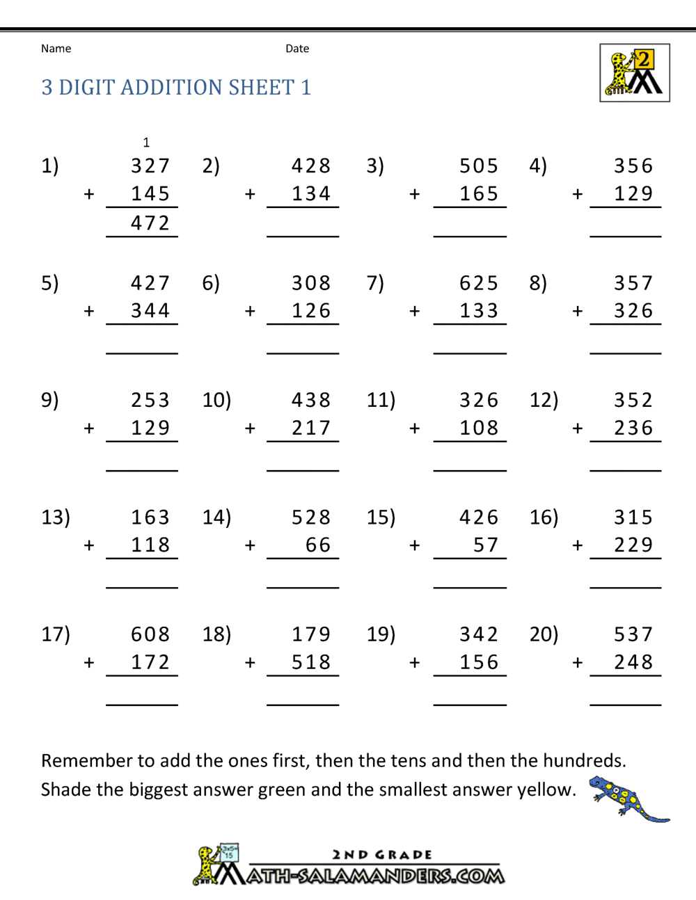 Free 3 Digit Addition Worksheets Regrouping Free4classrooms Free