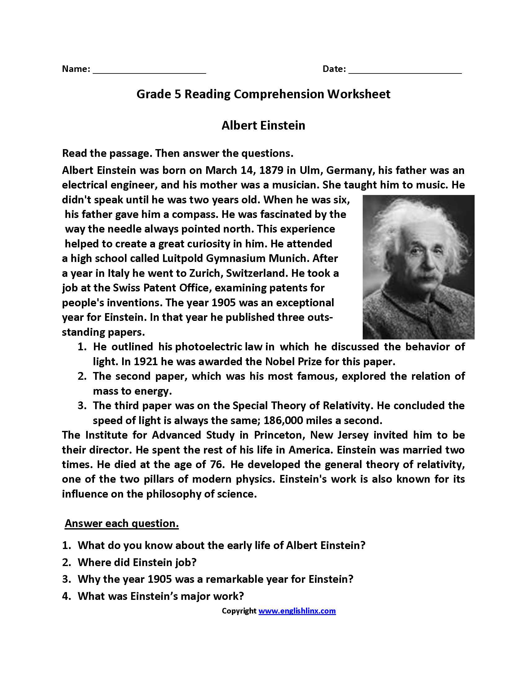 Free 5Th Grade Reading Worksheets