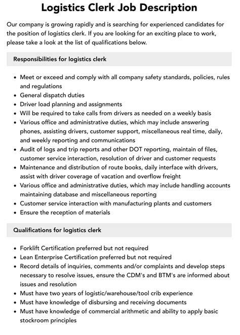 Free 7 Logistics Clerk Job Description Samples In Ms Word Pdf