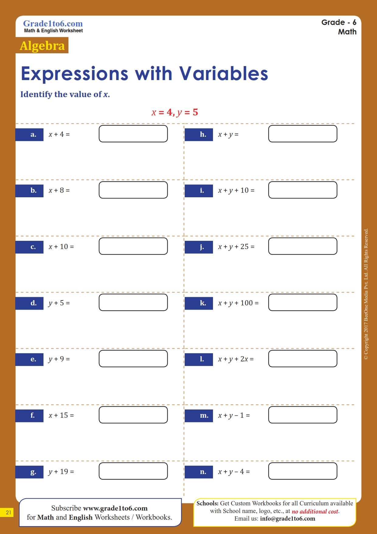 Free Algebraic Expression 6Th Grade Worksheet Download Free Algebraic