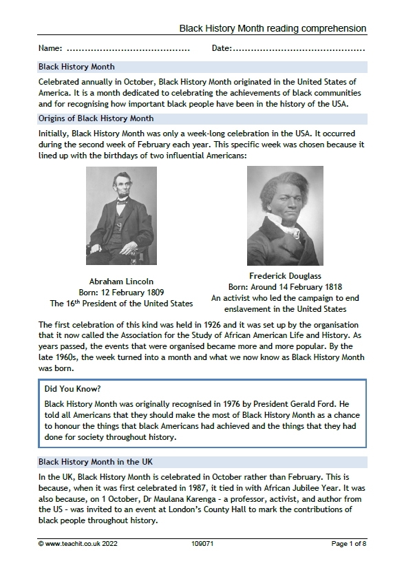 Discover Black History: Free Comprehension Worksheets for Kids