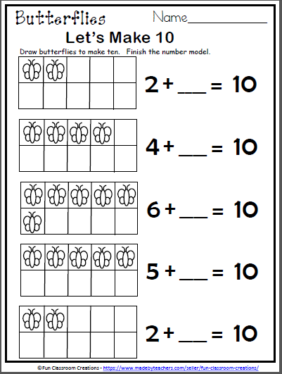 Free Butterfly Math Worksheet For Kindergarten Let S Make 10 Activity