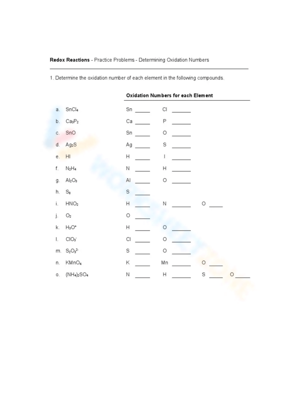 Free Collection Of Assigning Oxidation Numbers Worksheets