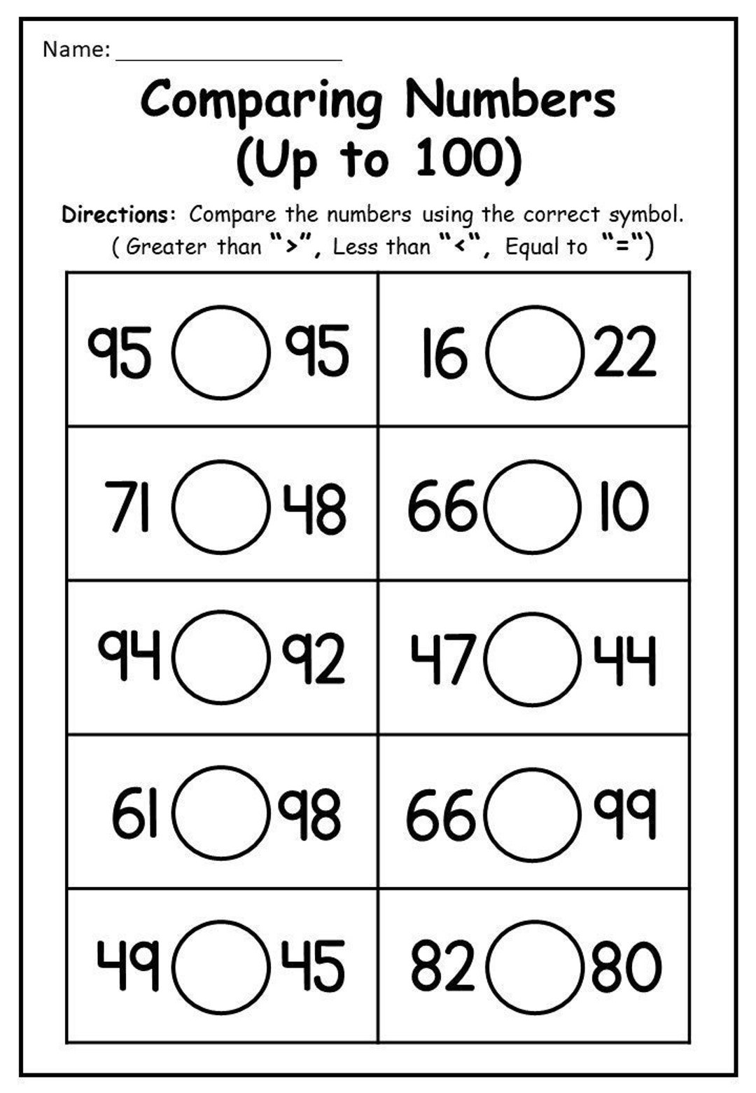 Free Comparing Numbers Worksheet Comparing Numbers Comparing Numbers