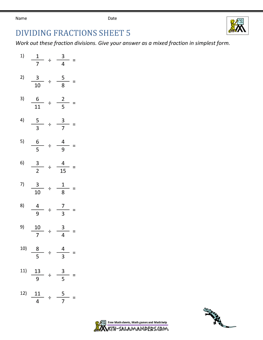 Free Dividing Fractions By Whole Numbers Worksheet Download Free