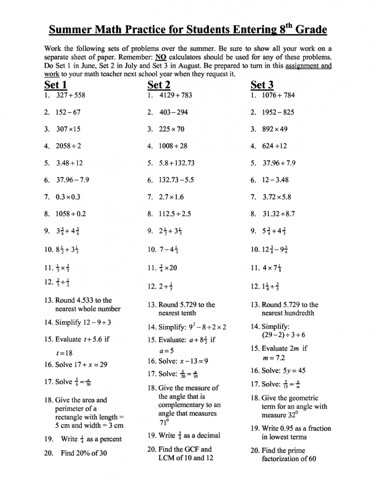 Free Eighth Grade Math Worksheets