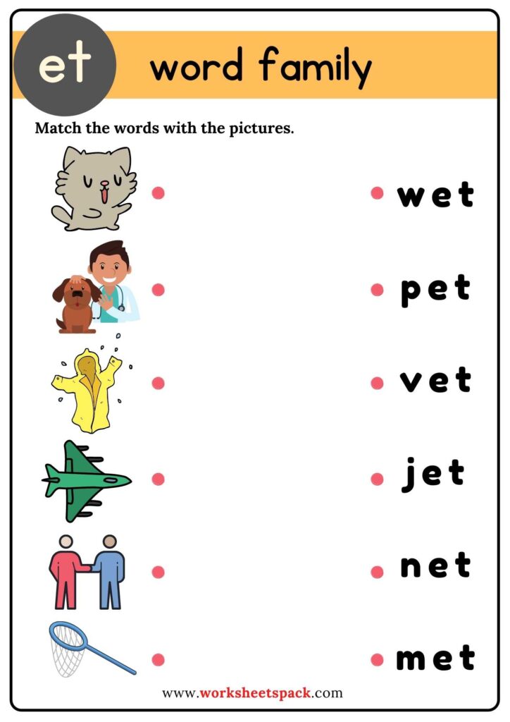 Free Et Word Family Matching Worksheets Worksheetspack