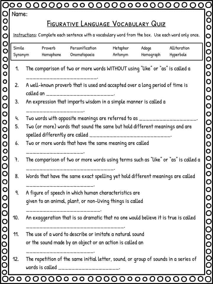 Free Figurative Language Worksheet With Answers Download Free