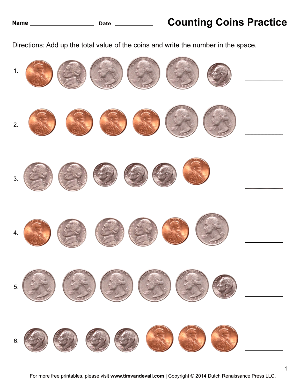 Free First Grade Coin Worksheets