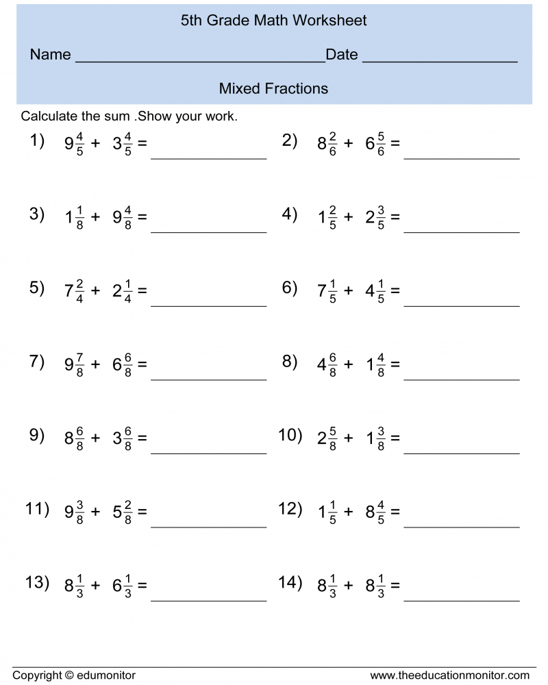 Free Fraction Worksheets For 5Th Grade Free Math Worksheets 5Th Free