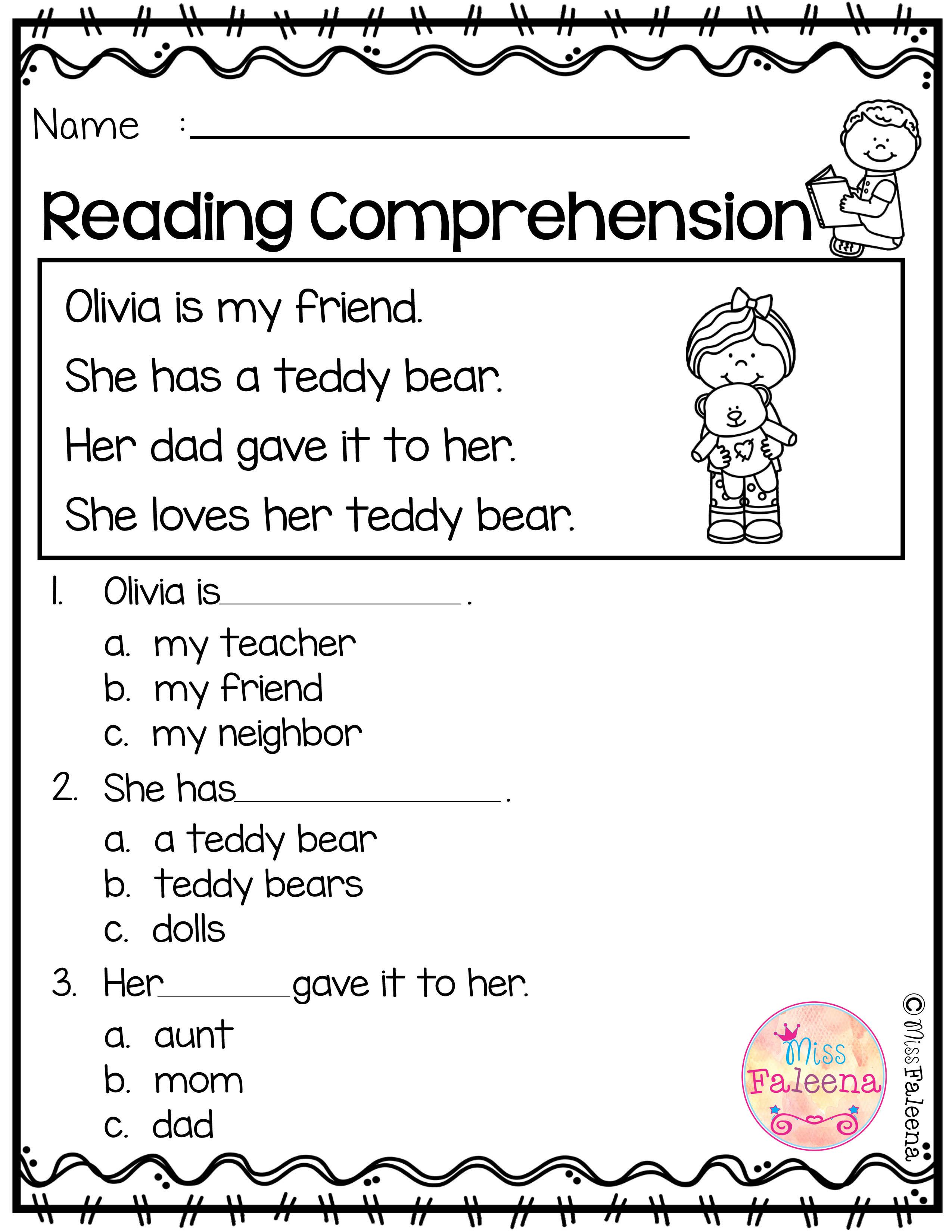 Free Kindergarten Reading Comprehension Worksheets Printable Word