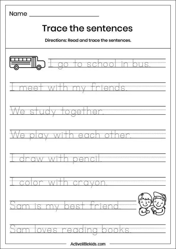 Free Kindergarten Writing Sentences Worksheets Active Little Kids Writing Sentences