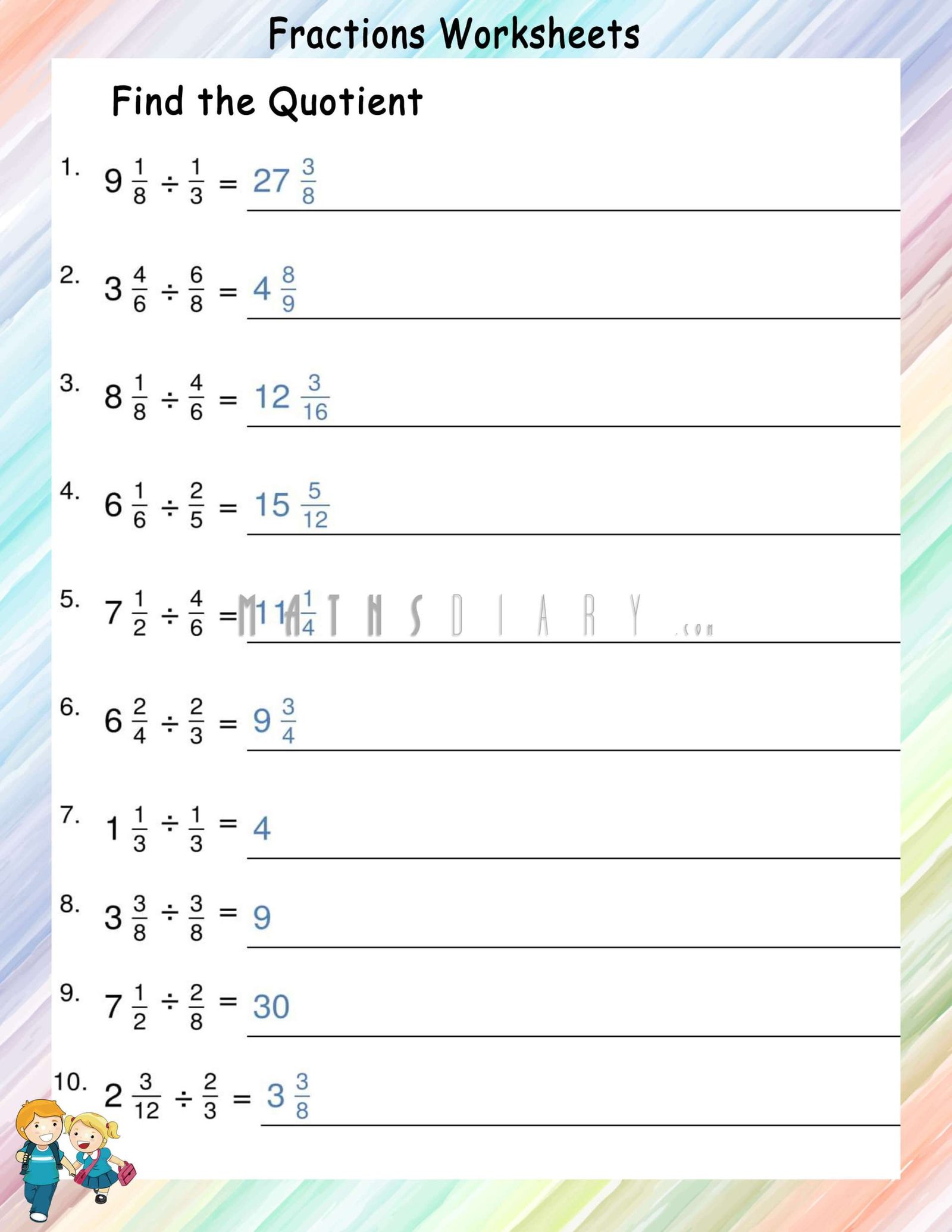 Free Mixed Fractions Worksheets