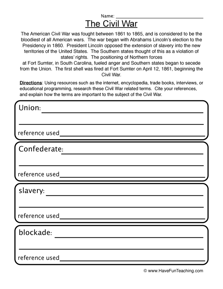 Free Printable American Civil War Worksheets Pdf Printables Hub