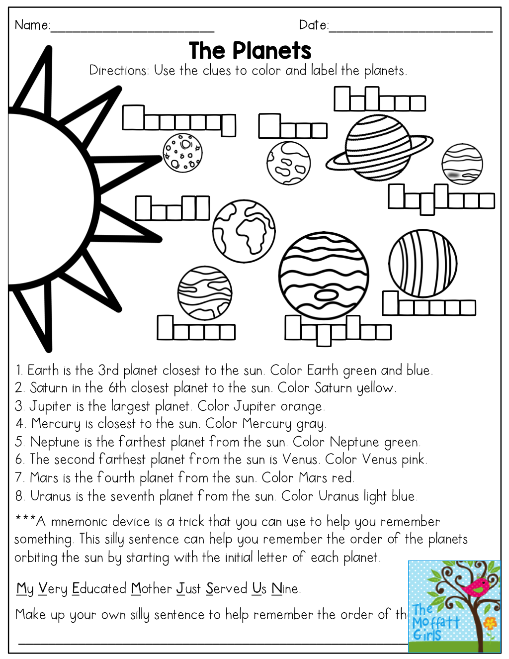 Free Printable Educational Activity Planets Worksheet