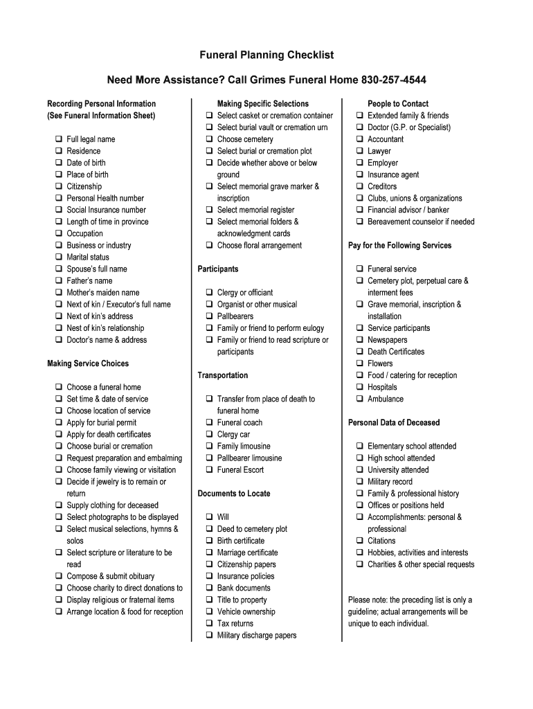 Free Printable Funeral Planning Checklist