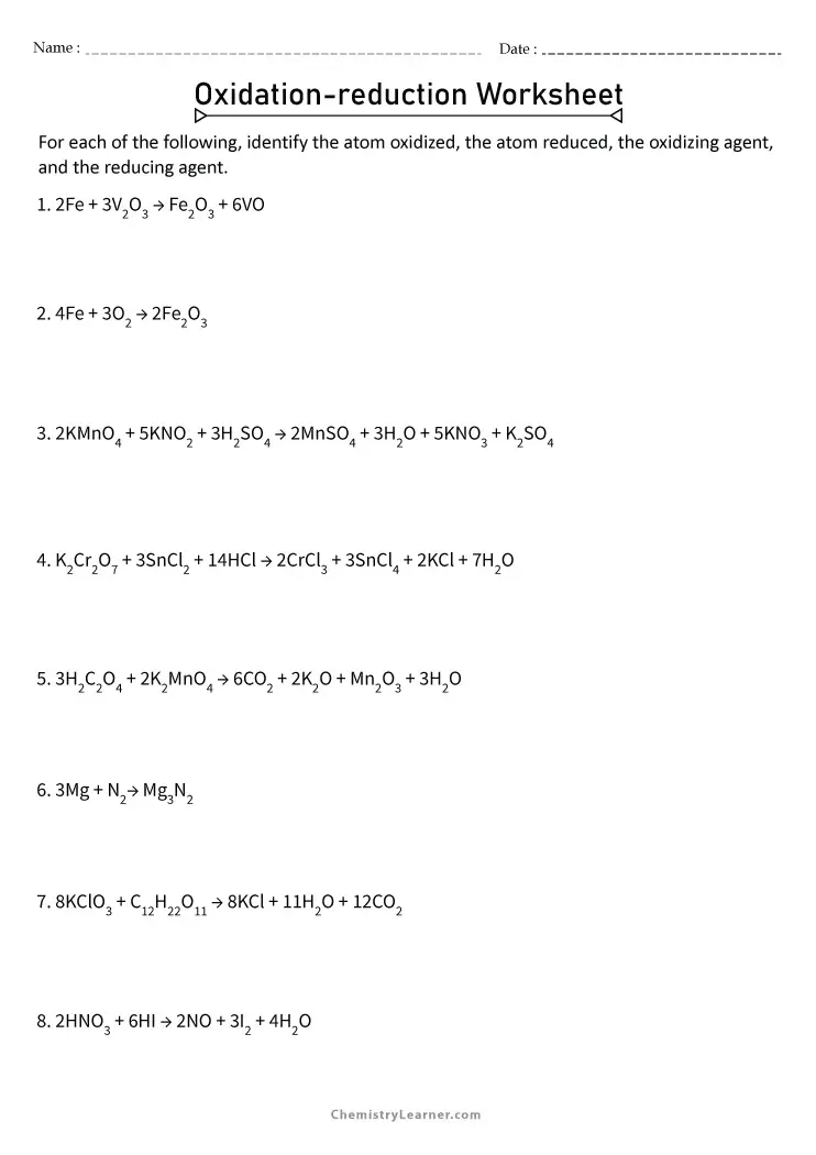 Free Printable Oxidation Reduction Worksheets