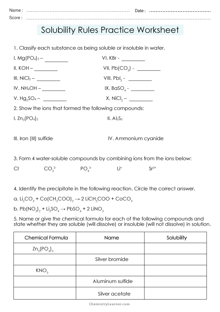 Free Printable Solubility Rules Worksheets