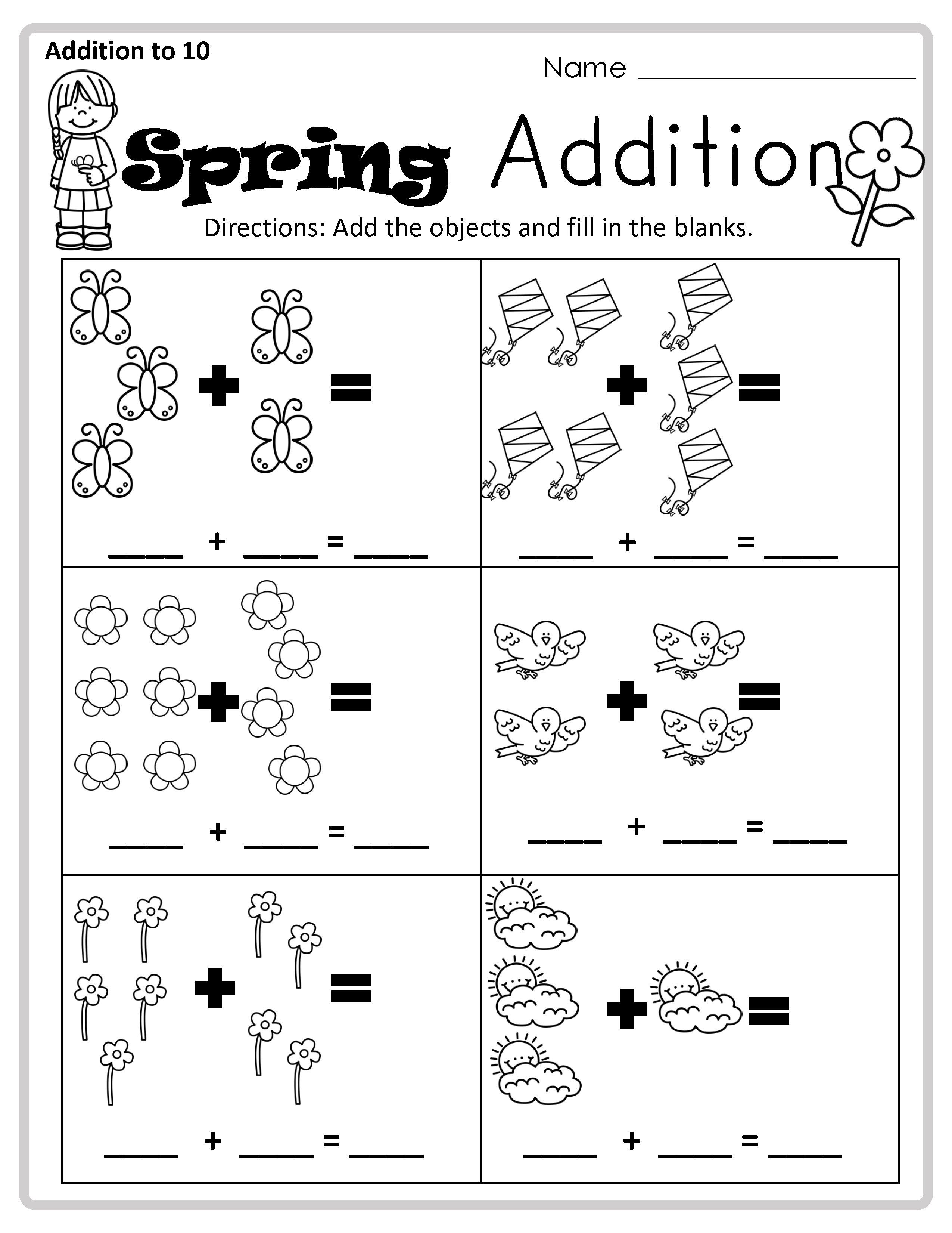 Free Printable Spring Addition Worksheet For Kindergarten