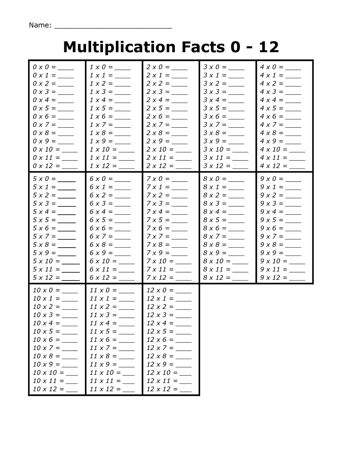 Free Printable Times Table Worksheets 1 12