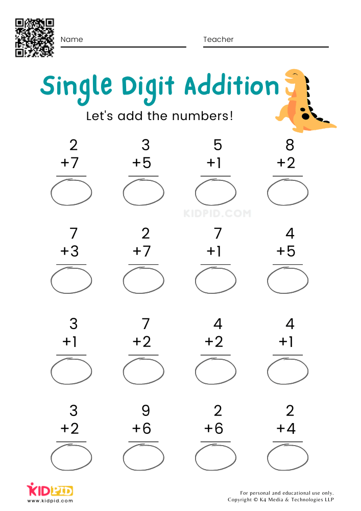 Free Single Digit Addition Worksheets