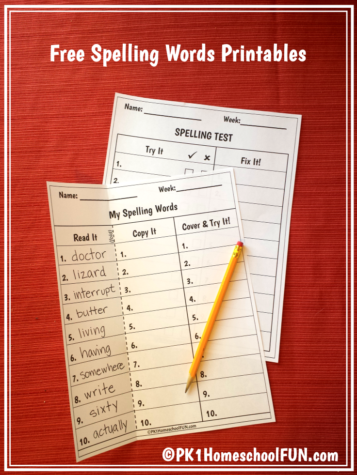 Free Spelling Words Spelling Test Printables