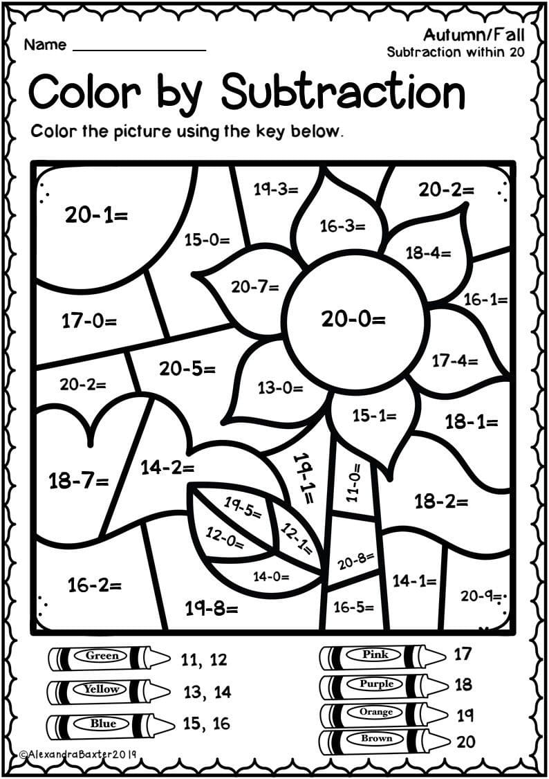 Free Subtraction Color By Number Worksheet Coloring Page Free