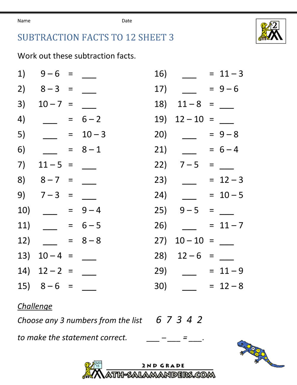 Free Subtraction Worksheets To 12