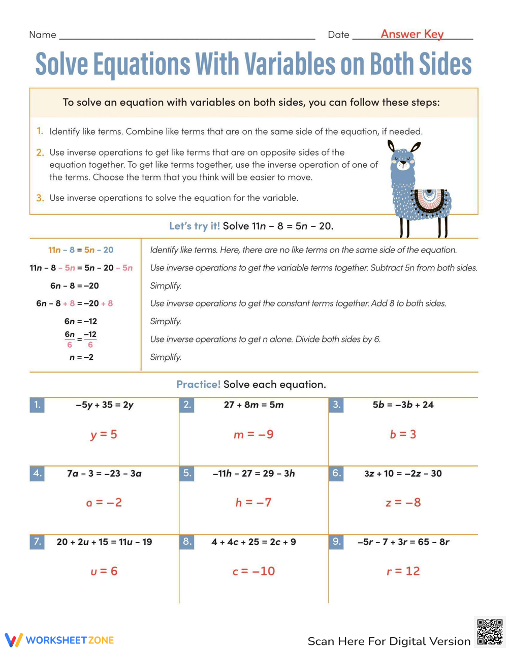 Free Variables On Both Sides Worksheet Answers Download Free Variables On Both Sides Worksheet