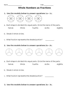 Free Whole Numbers As Fractions Worksheet By Amy Brown Tpt