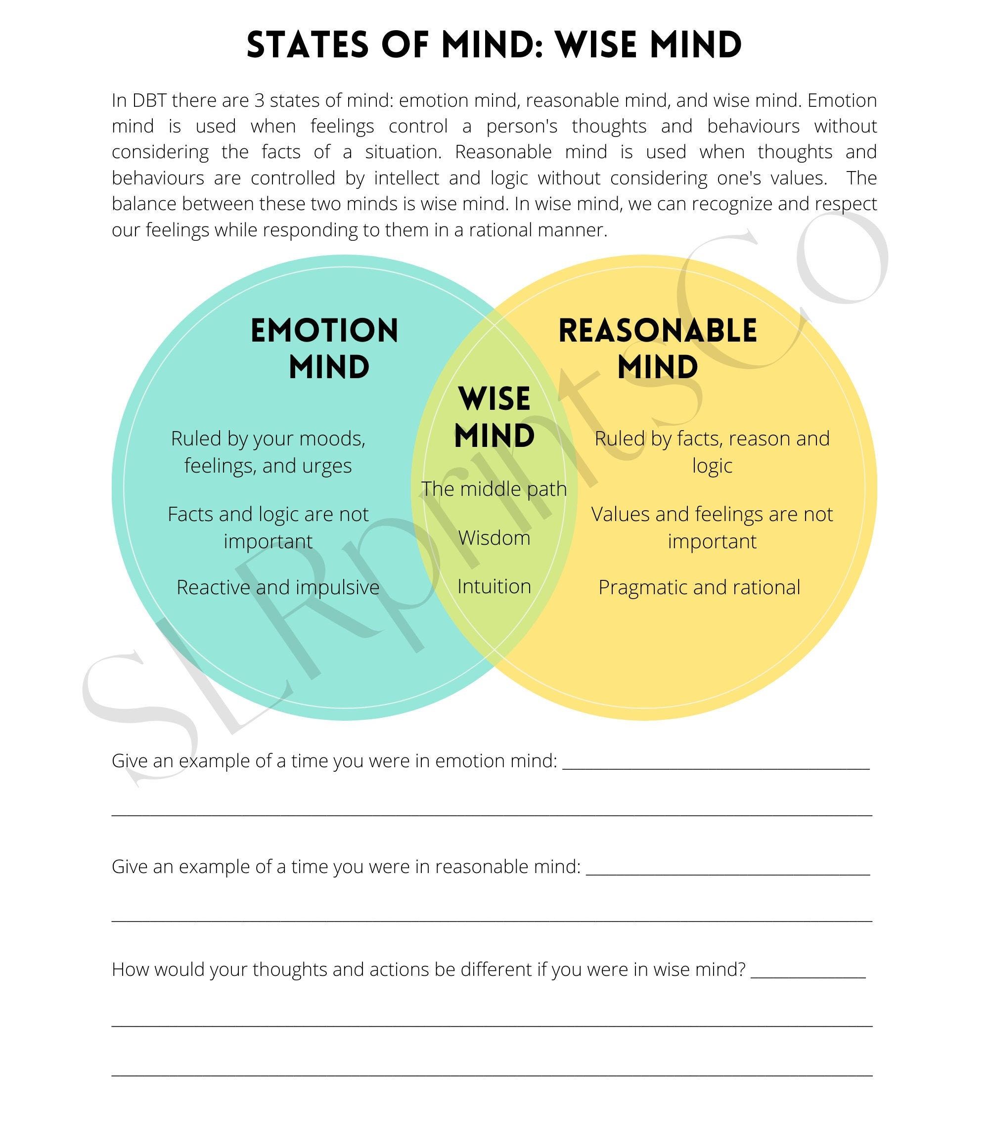 Free Worksheet Emotional Mind V Reasonable Mind V Wise Mind In 2020